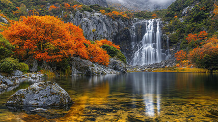 Serene waterfall cascading into reflective pond surrounded by vibrant autumn foliage