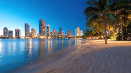 Obraz premium Vibrant skyline at dusk with palm trees and sandy beach in Miami