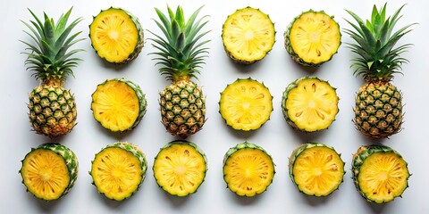 Fresh Pineapple Slices on Crisp White Background - Vibrant Tropical Fruit Photography, Ideal for Culinary and Health Blogs, Recipes, Smoothie Inspiration, and Summer Refreshment