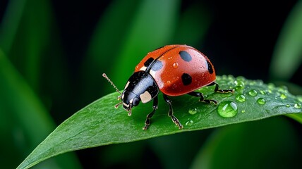 Fototapeta premium Ladybug crawling on a green leaf in bright natural environment close up