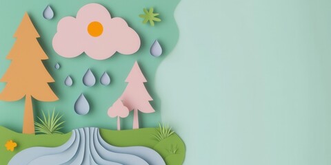 Naklejka premium Paper cut artwork concept for World Water Day awareness. Colorful paper art depicting a serene landscape with trees and a river