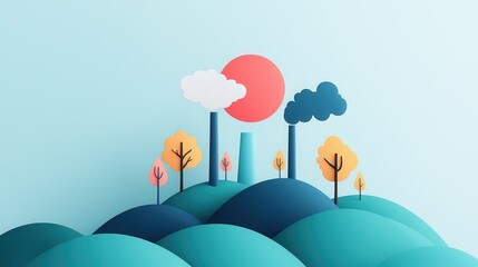 Illustrative Graphic of Greenhouse Gases Emission from Factories with Nature and Pollution Elements