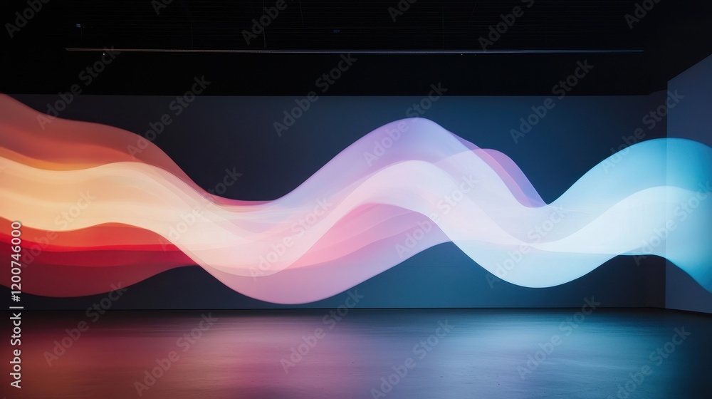 Poster holographic visuals displaying flowing data streams in a modern art setting