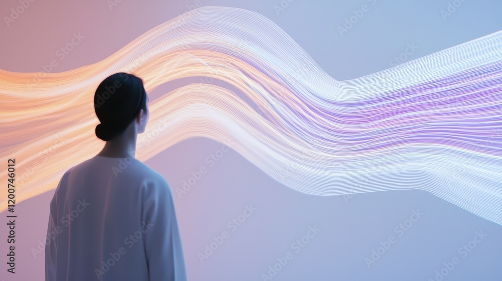 Poster holographic visuals of flowing data streams with soft colors and abstract patterns