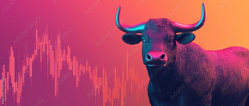 Poster a vibrant bull against a colorful background with abstract financial data visualizations.