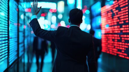 Business professional waves goodbye in a vibrant, illuminated urban setting filled with digital displays.