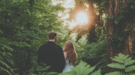 Couple Walking Through Sunlit Forest Path