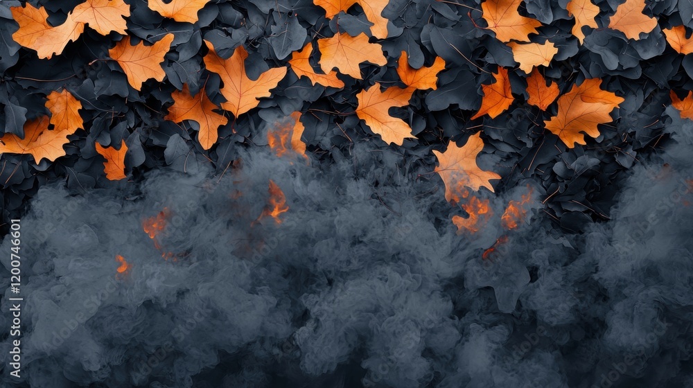 Poster intricate patterns of burning leaves and twigs with smoky background in autumn setting
