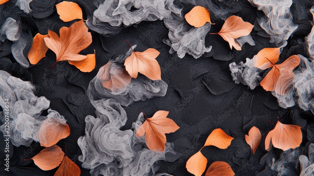 Poster intricate patterns of burning leaves and twigs with smoky background and autumn colors