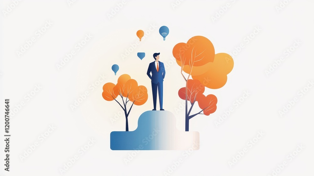 Poster intricate visuals illustrating change management concept with businessman and colorful trees