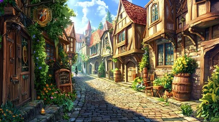 Fototapeta premium Vivid medieval street with timber-framed houses, cobblestone pathway, vibrant flowers, and rustic barrels under a sunny sky. Ideal for fantasy projects, storytelling, and game designs