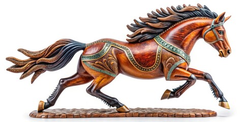 Handmade Leather Horse Figurine - Close-Up of Galloping Wildlife Sculpture Isolated on White Background, Perfect for Animal Lovers and Collectors