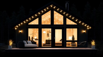 Fototapeta premium Cozy Cabin Night Lights Festive Winter Retreat