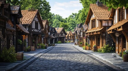 Obraz premium Quaint medieval street lined with half-timbered houses, cobblestone path, lush greenery, and rustic barrels in sunlight. Ideal for fantasy art, storytelling, and game concepts