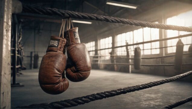 Brown leather boxing gloves hanging in dimly lit boxing ring interior with worn appearance and industrial ambiance.
