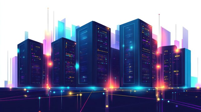 Futuristic server city skyline, glowing data center.