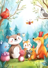 Naklejka premium A whimsical illustration of friendly forest animals gathered in a cheerful setting.