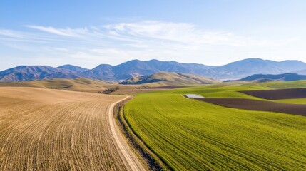 Fototapeta premium Expansive Fields with Solar Panels Amidst Scenic Farmland and Mountains Under Clear Blue Sky