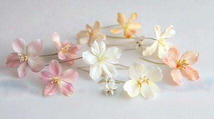 Delicate Floral Hairpins: An assortment of handcrafted, pastel-colored flower hairpins, showcasing intricate details and soft hues, arranged artfully on a light surface.