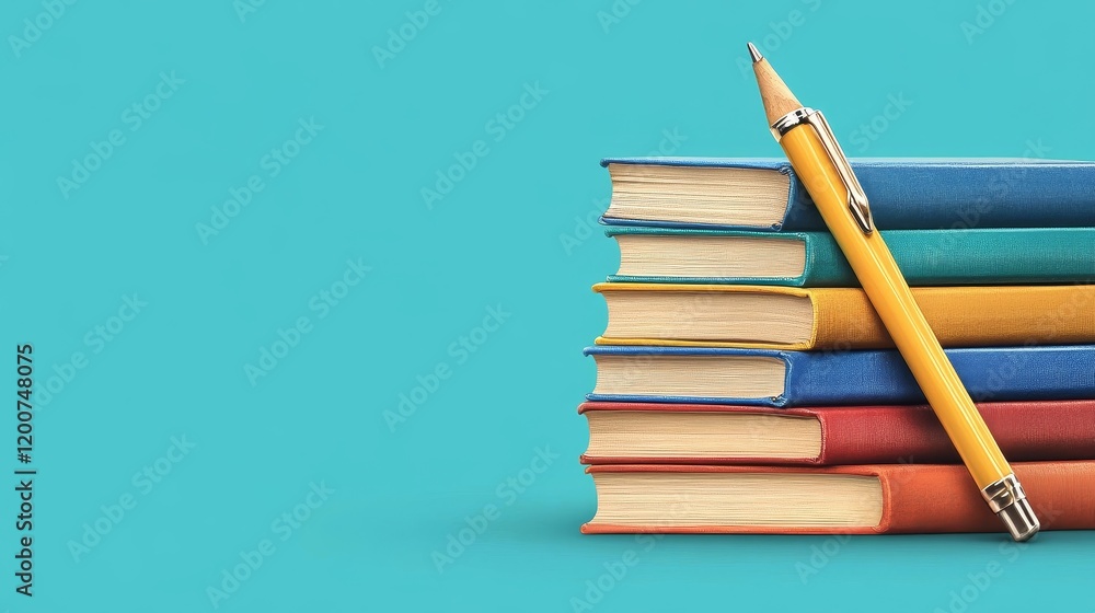 Poster stack of colorful books with a sharpened pencil leaning against them