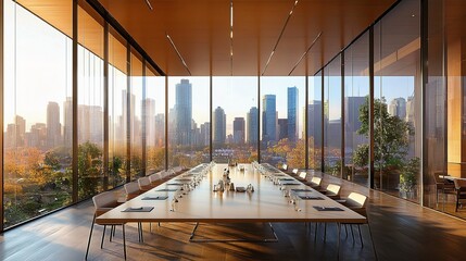 Large Modern Meeting Room with Glass Walls and Morning Light