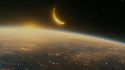 Crescent Moon Over Earth's Golden Horizon at Dawn