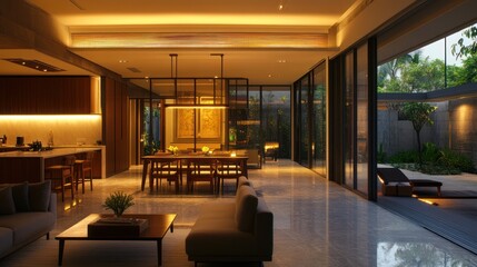 Luxurious open-plan living space with warm lighting, modern furniture, and garden view.