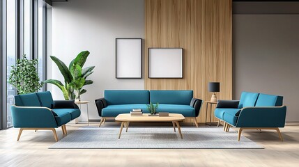 Modern Living Room Interior Design: A stylish and contemporary living room features a  comfortable teal blue sofa set with wooden accents, framed art, a lush green plant, and a coffee table.