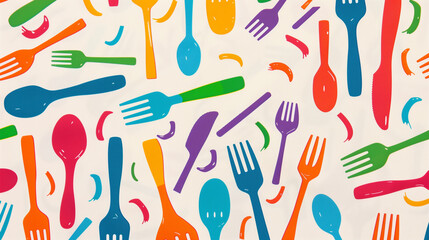 Playful and vibrant seamless pattern of colorful forks, knives, and spoons on a white background
