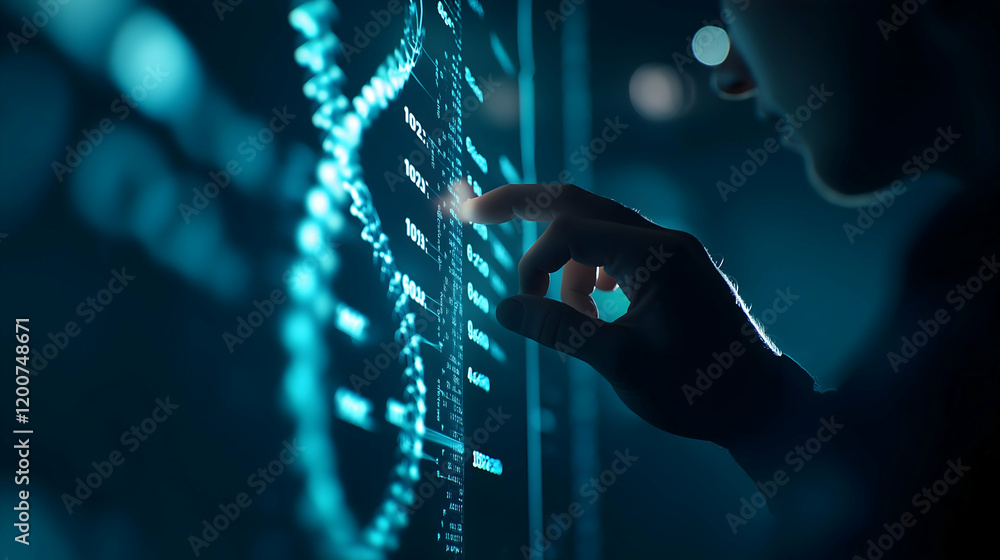 Aufkleber a person interacts with a digital display featuring a dna strand, illustrating the intersection of t