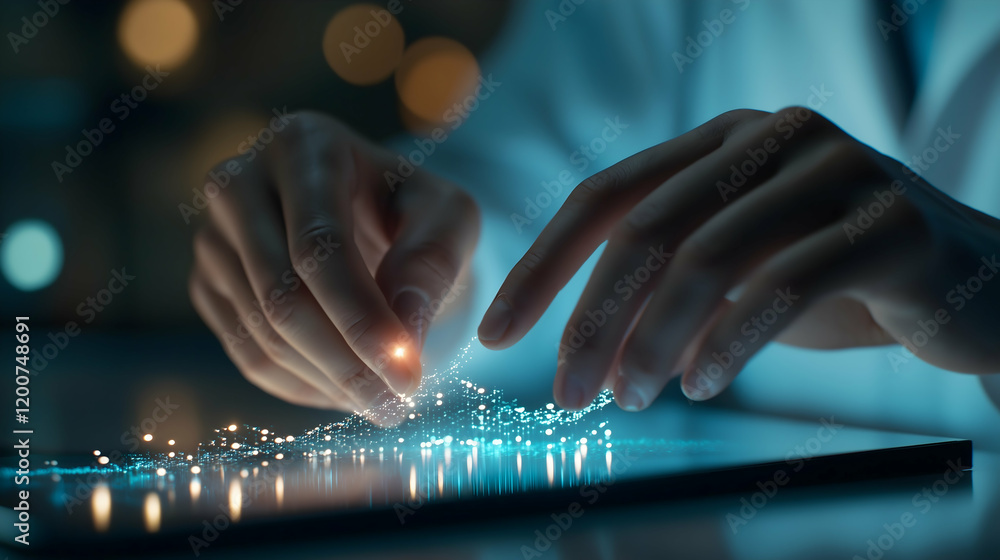 Poster a scientist's hands interact with glowing particles on a digital screen, showcasing innovation and t