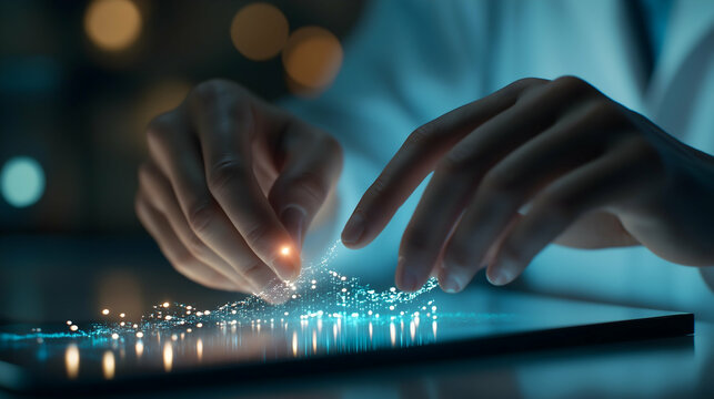 A scientist's hands interact with glowing particles on a digital screen, showcasing innovation and technology in a modern laboratory setting.