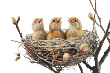 Baby birds chirping in a nest on a tree branch during springtime isolated on transparent background
