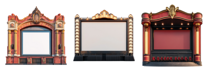 Vintage Theater Stage Designs with Blank Screens on Transparent Background