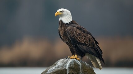 Obraz premium Majestic bald eagle perched on a rock near water.