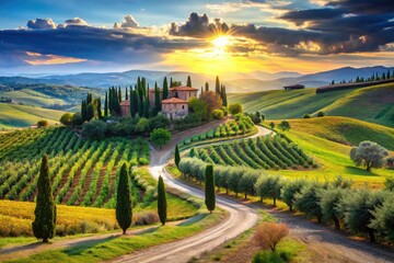 Naklejka premium Rolling hills, cypress trees, and sun-drenched vineyards create a breathtaking Tuscan panorama.