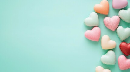 Modern candy hearts on vibrant background concept. Colorful heart-shaped candies on a mint green background