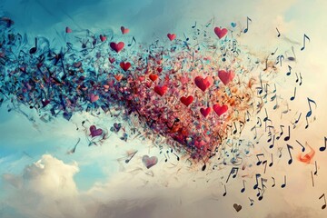 Colorful Hearts and Music Notes in a Dreamy Sky Background