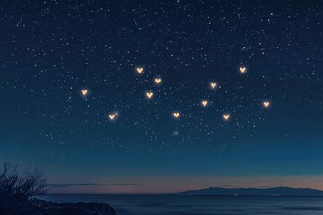 Naklejka premium Romantic Night Sky Filled with Heart Shapes and Stars Over Ocean