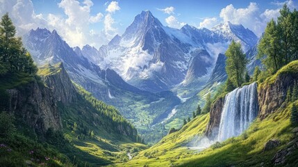 Fototapeta premium Majestic mountain range with waterfall and lush valley.