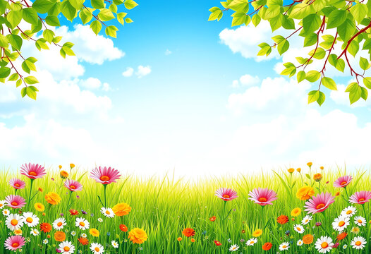Spring Meadow Under a Clear Blue Sky