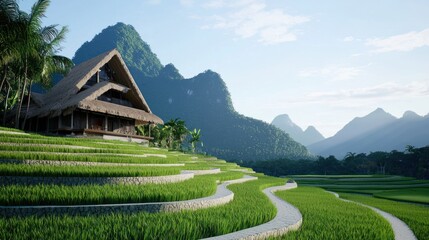 Serene landscape with a traditional house and terraced rice fields.