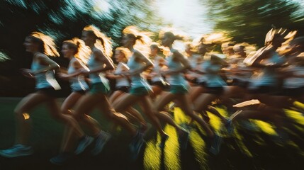Fototapeta premium Women's team running race, park, sunset, motion blur, fitness