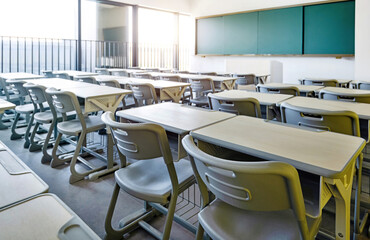 Modern classroom with desks and chairs