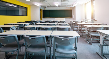 Modern classroom with desks and chairs