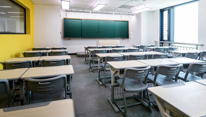 Modern classroom with desks and chairs