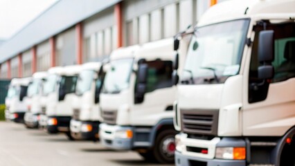 Industrial Truck Fleet: Soft-focus image of cargo trucks outside a factory.	
