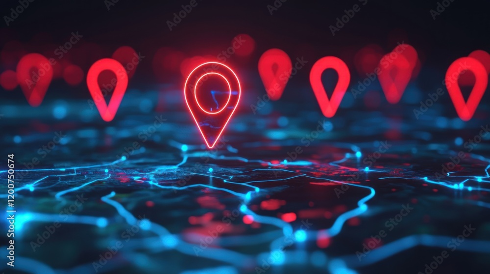 Poster glowing neon map with location markers: digital navigation and gps technology