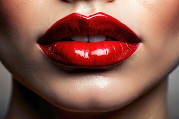 Obraz premium Sensual, stunning red lips. Close-up beauty shot showcasing flawless red lipstick and lip gloss.