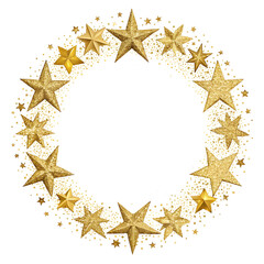 Obraz premium Golden Star Wreath: A dazzling display of shimmering golden stars form a captivating circular wreath, perfect for framing festive messages and celebrations.